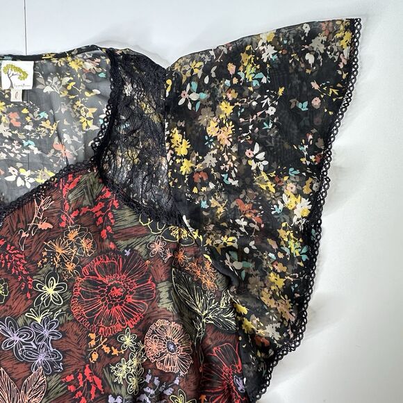 Fig And Flower Sheer Cardigan Top L Black Floral Flutter Sleeve Whimsigoth Fairy - Picture 6 of 14